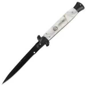 8.75 Inch Italian Stiletto Switchblade Knife – Black Pearl Handle - Image 6