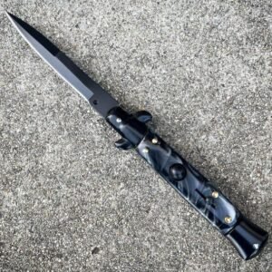 8.75 Inch Italian Stiletto Switchblade Knife – Black Pearl Handle - Image 3