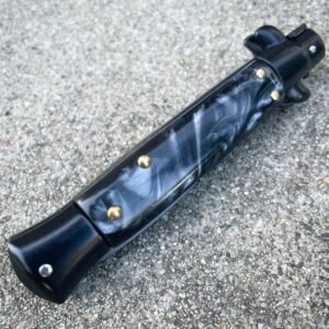 8.75 Inch Italian Stiletto Switchblade Knife – Black Pearl Handle - Image 4