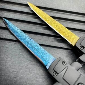 9 Inch Italian Stiletto OTF Automatic Knife – Damascus Etch - Image 6