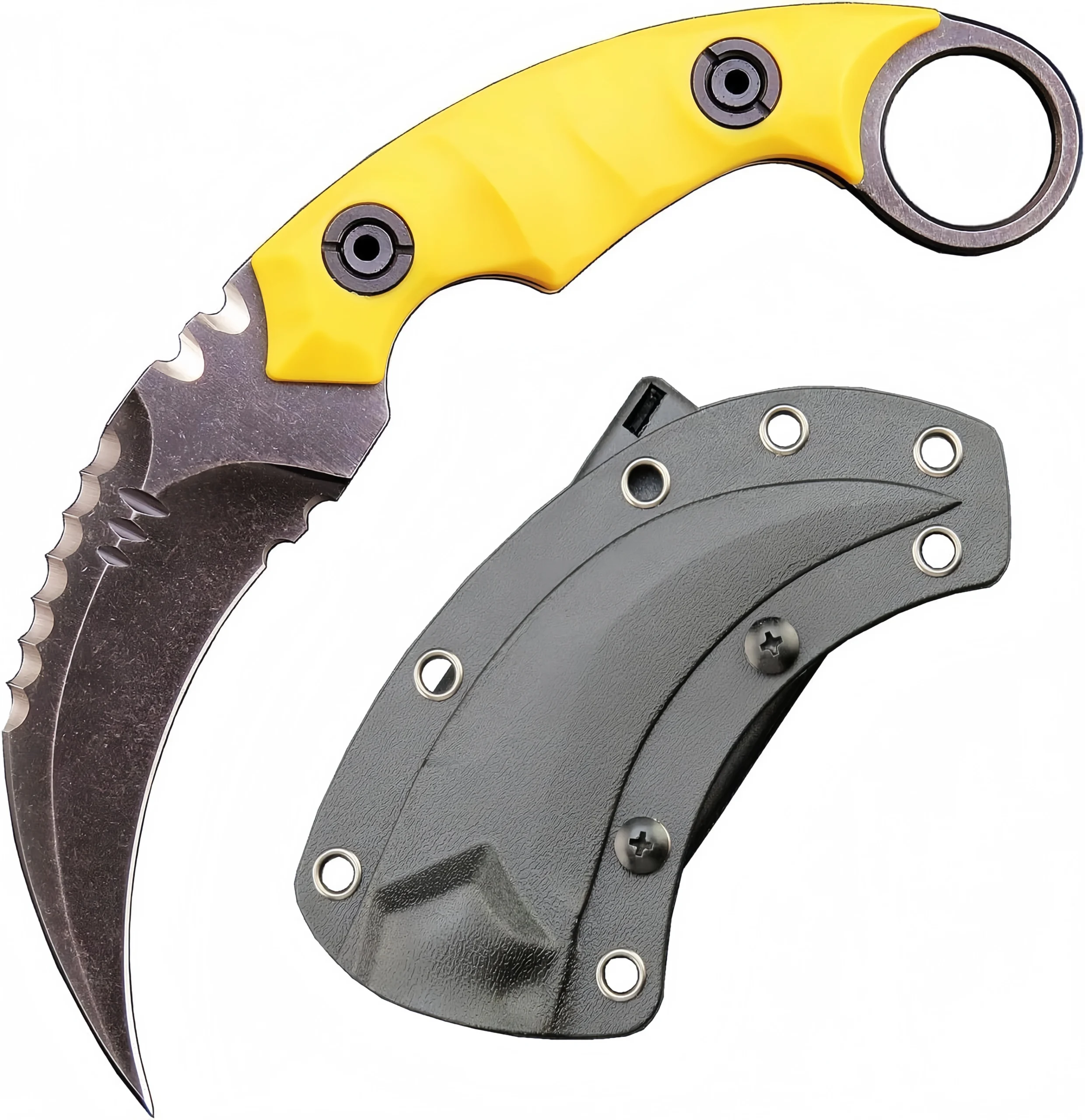 O1CN01P07PXW1qdkrd5YBZW_4128405519-0-cib-2_副本-scaled-1.webp Karambit Knife D2 Steel + Nylon Fiberglass Handle Outdoor Claw Knife With Kydex Sheath Edc-Yellow - Image 1