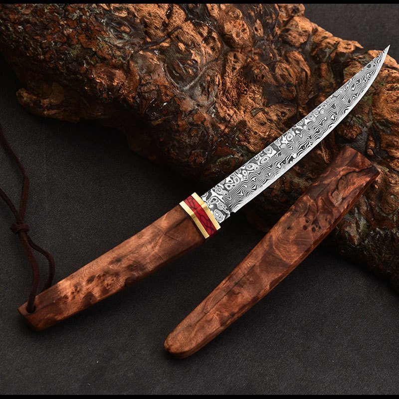 O1CN01W37Nms1npFtjhNPid_2212339805138-0-cib.jpg Double Dragon Damascus Pocket Knife with Wooden Handle - Image 1