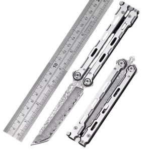 Damascus Balisong All Steel Training Knife Unsharpened