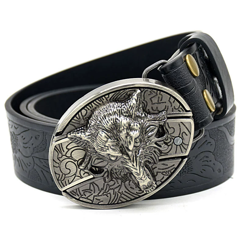 5cd4c4b18a3360d16280d8e6e2fe345.png Belt Buckle Knife-Wolf Head Knife Buckle Embossed Black - Image 1