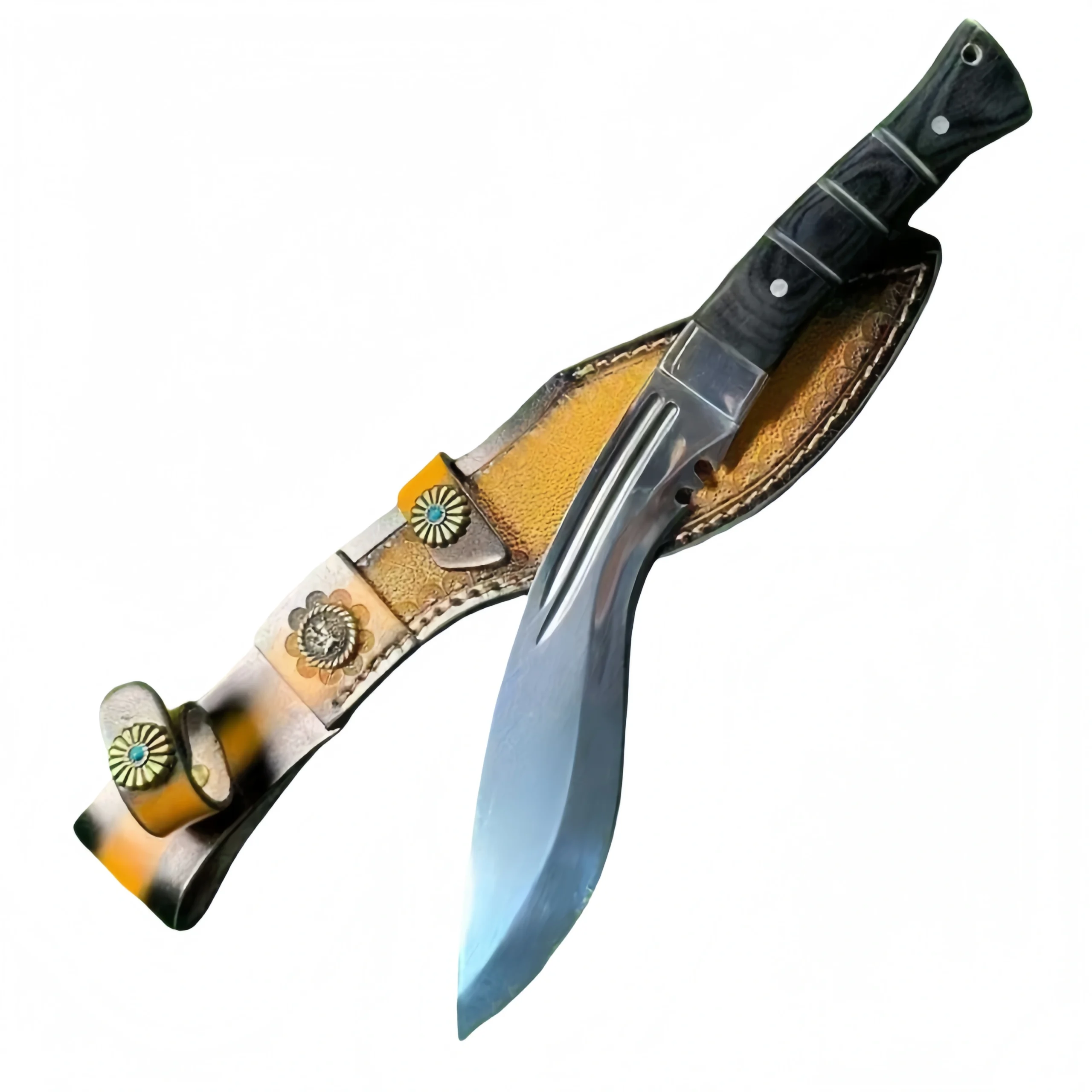 20251203151955_1000_107-scaled-1.webp 9Cr18Mov one-piece steel dog leg knife with hand-embossed leather sheath - Image 1