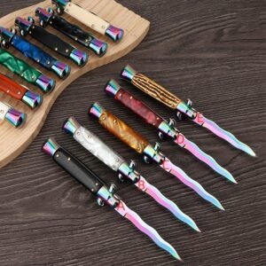 Colorful Wave Blade Stiletto Knife – Automatic Flick Knife Set with Mixed Handles - Image 2