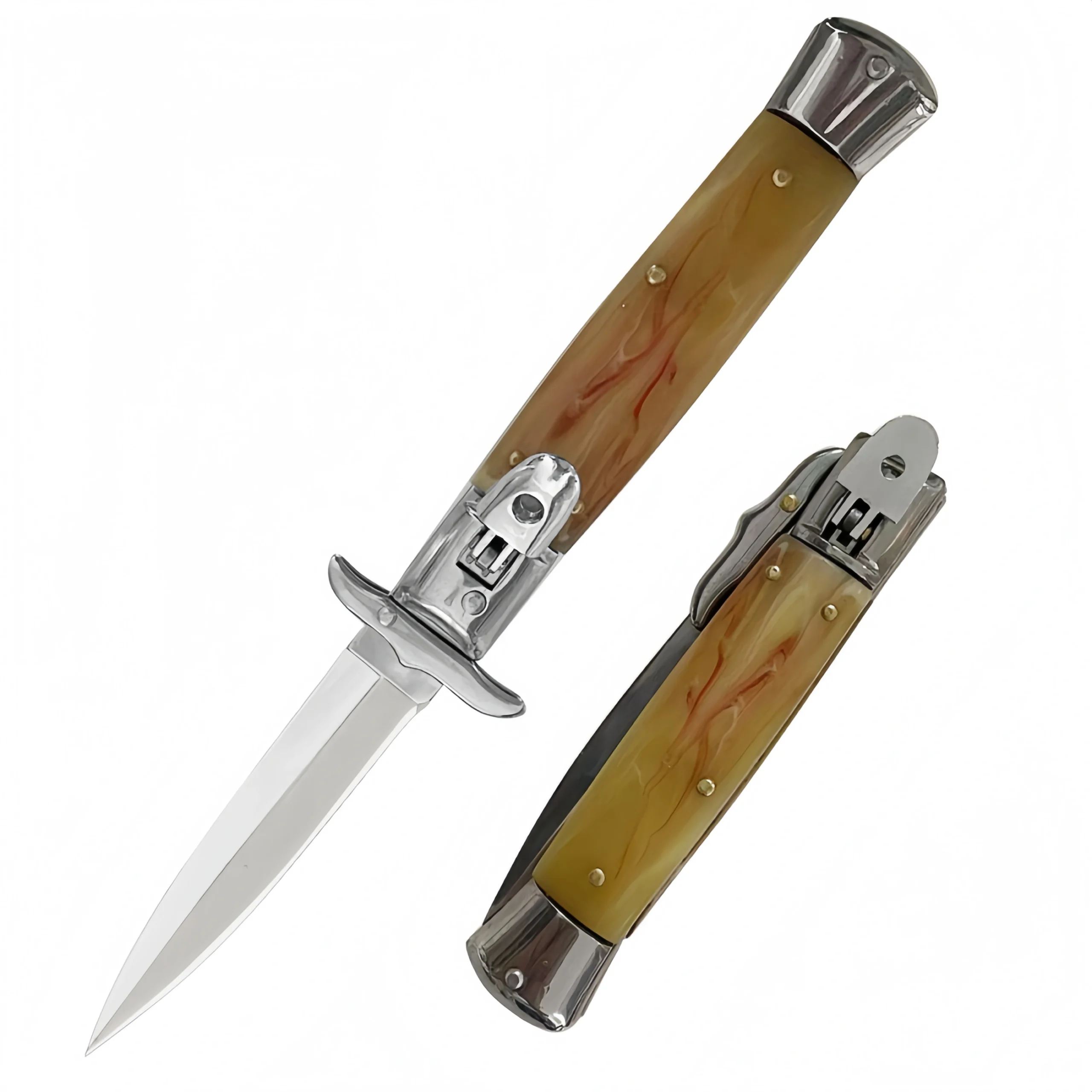 O1CN01eQu0PZ1zdbOO2rO3D_2220574796737-0-cib-scaled-1.webp Automatic Flick Knife Stiletto Knife – Classic Italian Style Horn Handle - Image 1