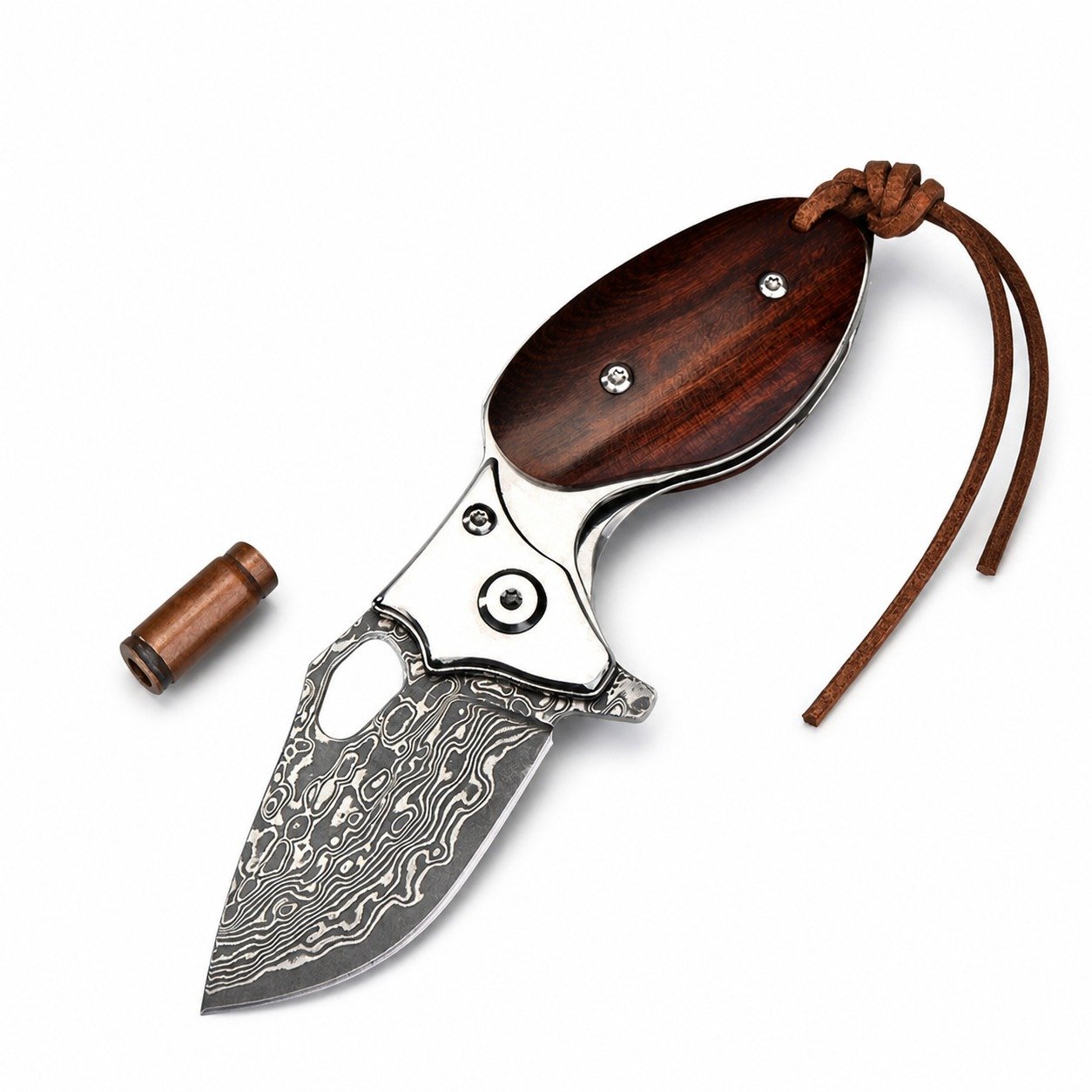 20005-main-white-clean Rosewood Handle Damascus Steel Mini Folding Knife – Keychain EDC Tool - Image 1