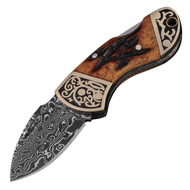 20008-main-white-clean Damascus folding knife carved copper head mini keychain home multifunctional - Image 1