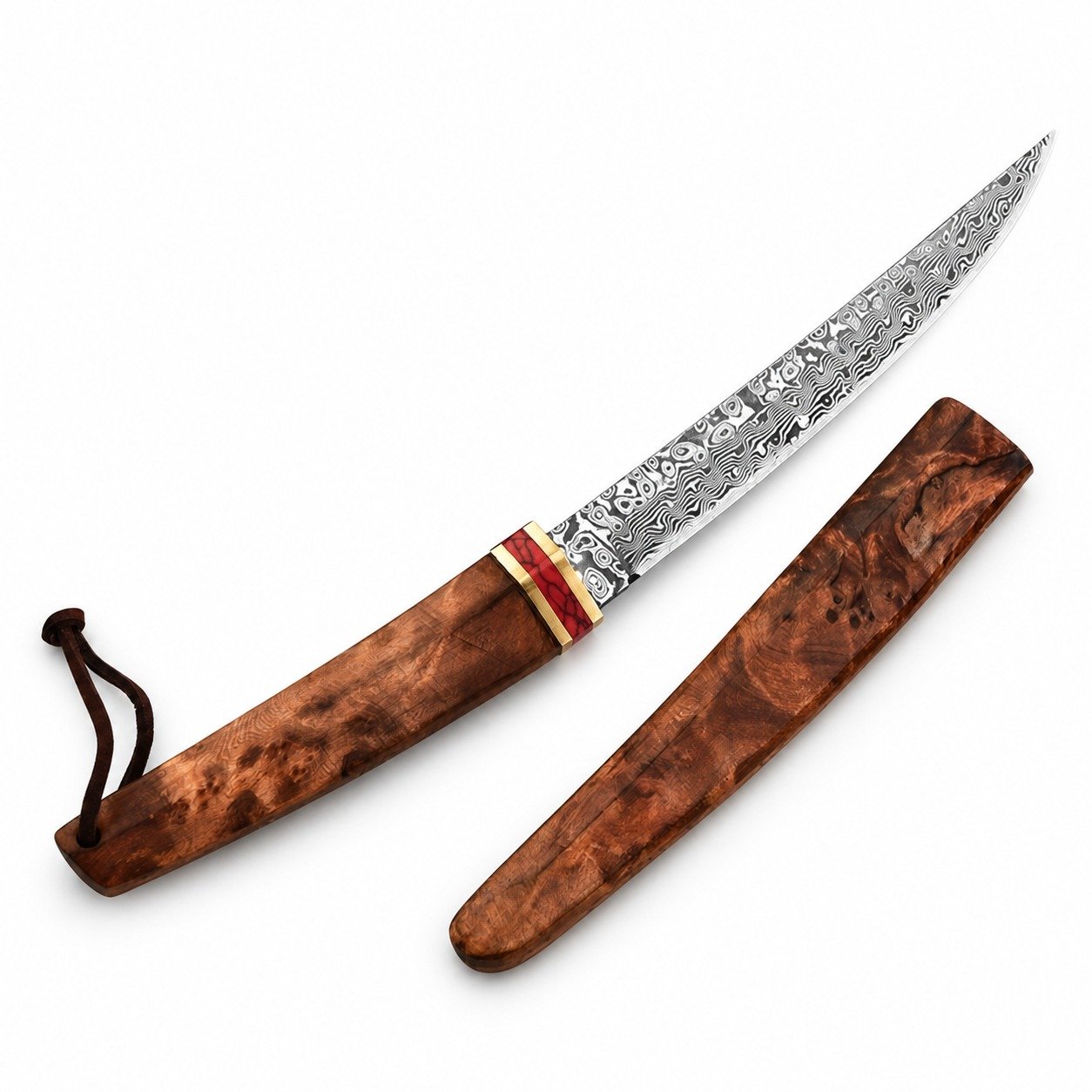 20012-main-white-clean Double Dragon Damascus Pocket Knife with Wooden Handle - Image 1