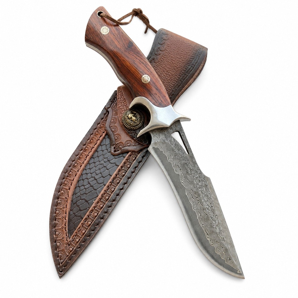 20015-main-white-clean Drop Point Knife Fixed Blade Hunting Survival Combat Outdoor Damascus Steel Wood - Image 1