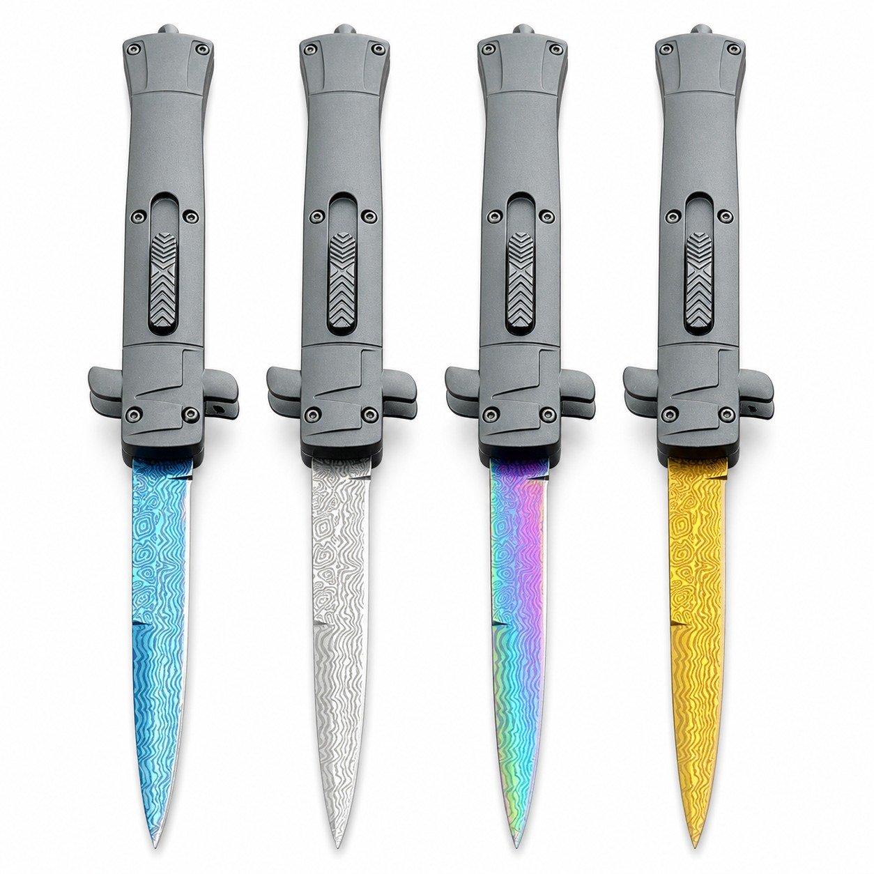 44514-main-white-clean 9 Inch Italian Stiletto OTF Automatic Knife – Damascus Etch - Image 1