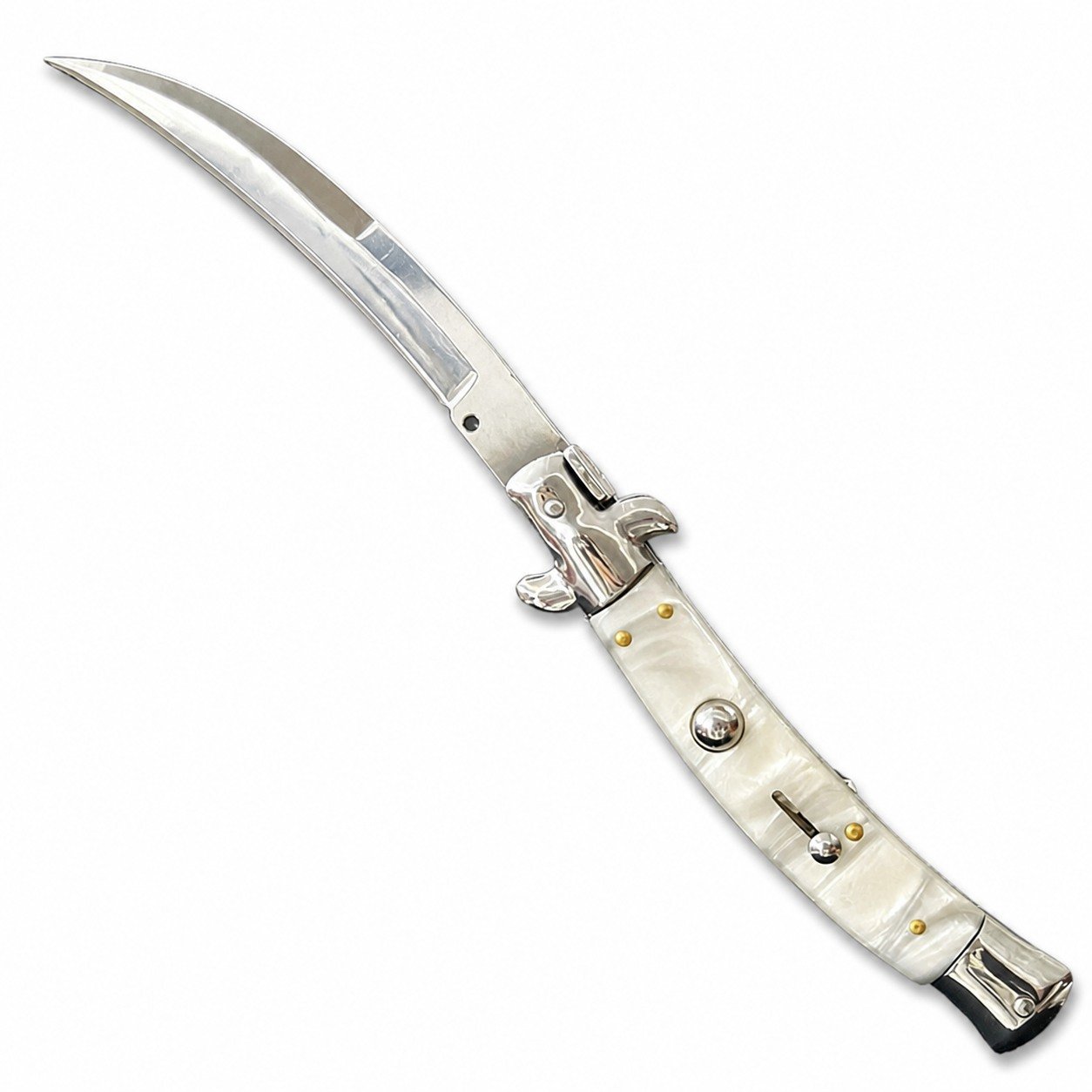 44554-main-white-clean 9 Inch Italian Stiletto Knife – White Shell Resin Handle Switchblade - Image 1