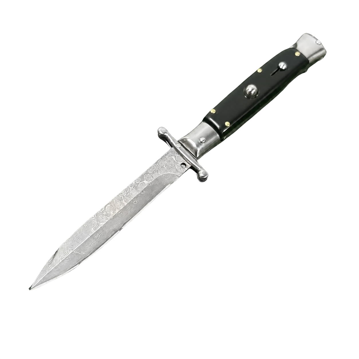 44702-A-black-damascus-v2 Italian Mafia Bullhorn Damascus Stiletto Knife – Patron Saint Style - Image 1