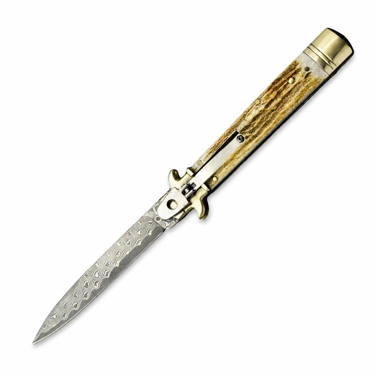 44714-main-white-clean 9-Inch Antler Handle Damascus Steel Stiletto Knife - Image 1