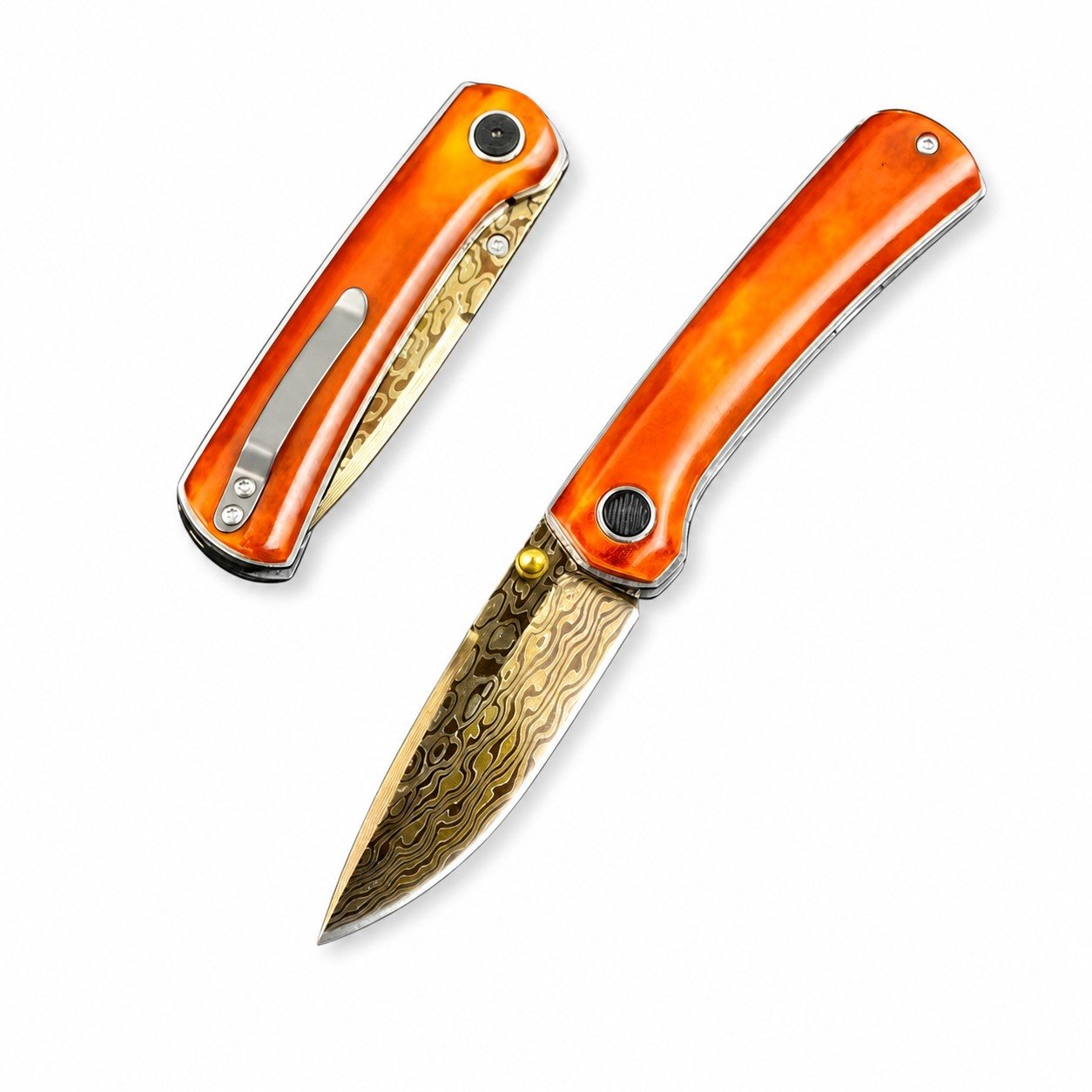 45802-main-white-clean Extreme 2 Carbon Steel Damascus Blue-Finished Red Bone Folding Knife - Image 1