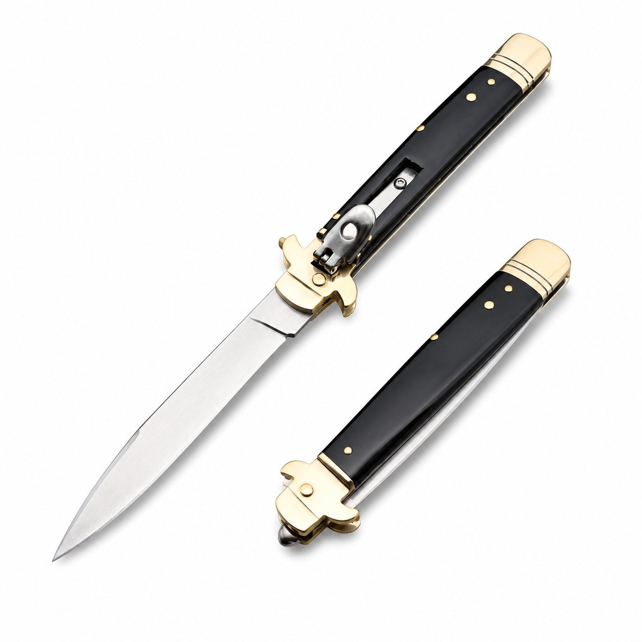 46456-main-white-clean AKC Leverletto Brass Guard Black Horn Side-Opening Knife - Image 1