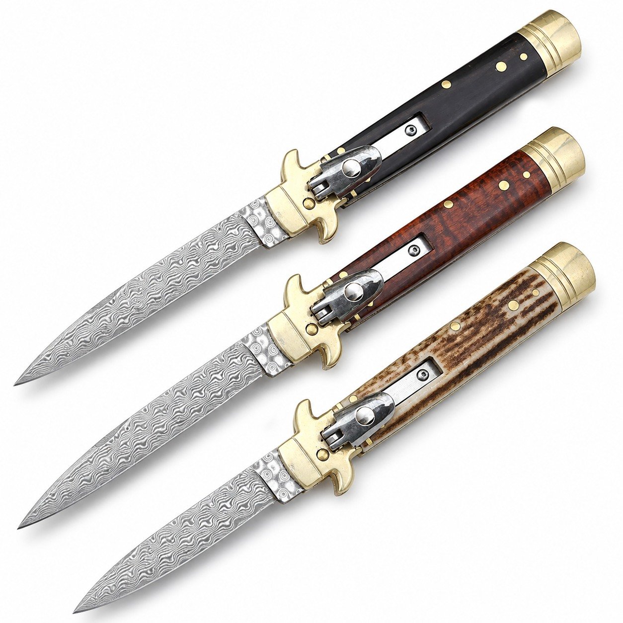 47061-main-white-clean AKC Leverletto Brass Guard Damascus Side-Opening Knife - Image 1