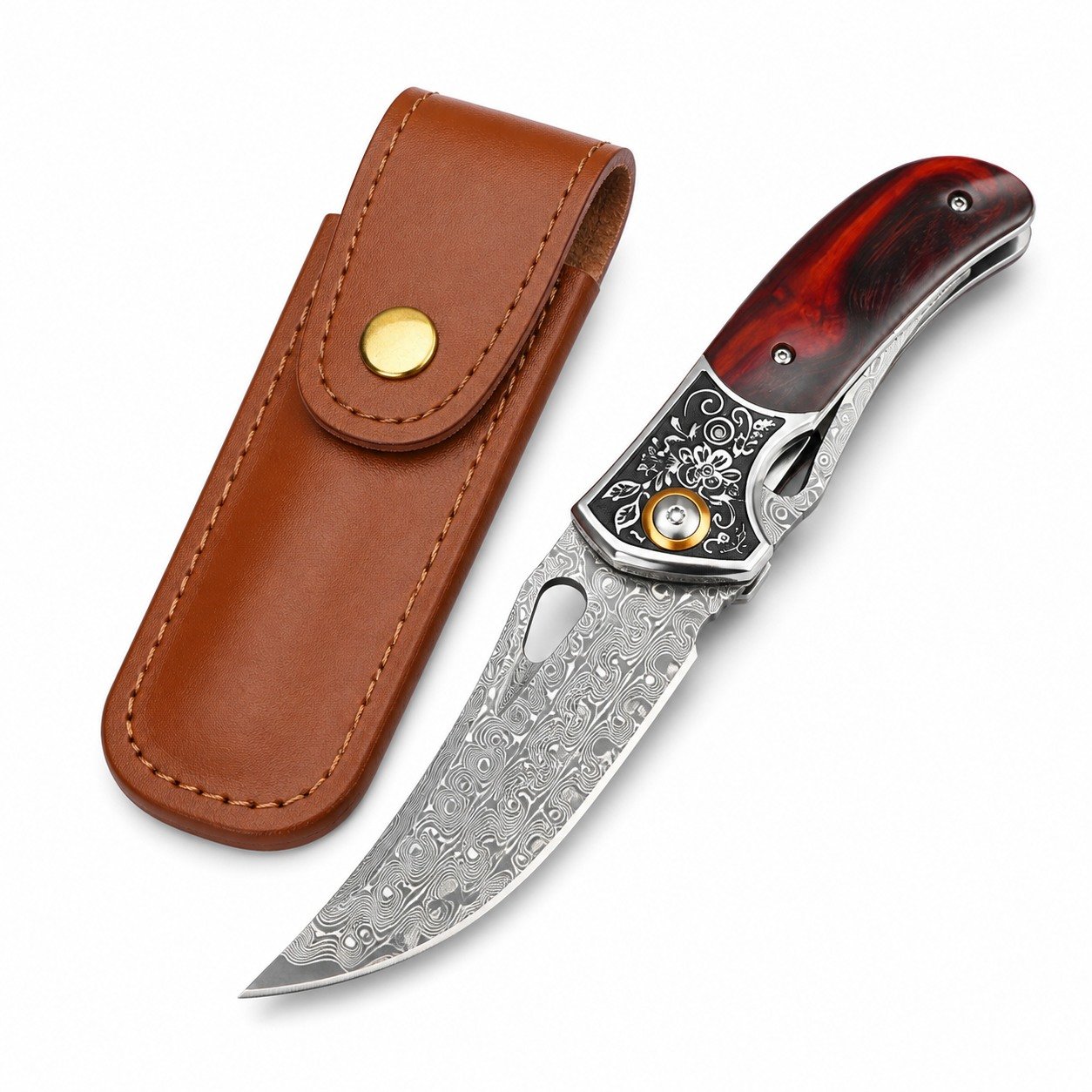 49551-main-white-clean Sabertooth Tiger Damascus Folding Knife - Image 1