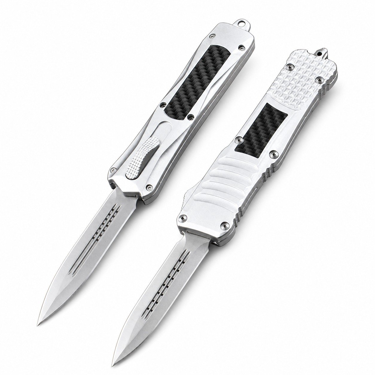 49761-main-white-clean Zinc Handle, Large Dragon, Silver Handle, Carbon Fiber OTF Knife - Image 1