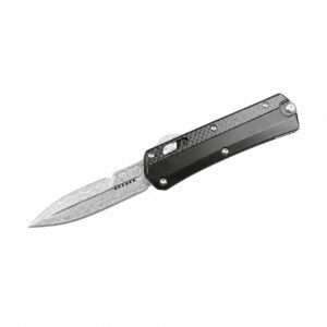 Carbon Fiber Damascus OTF knife on white background